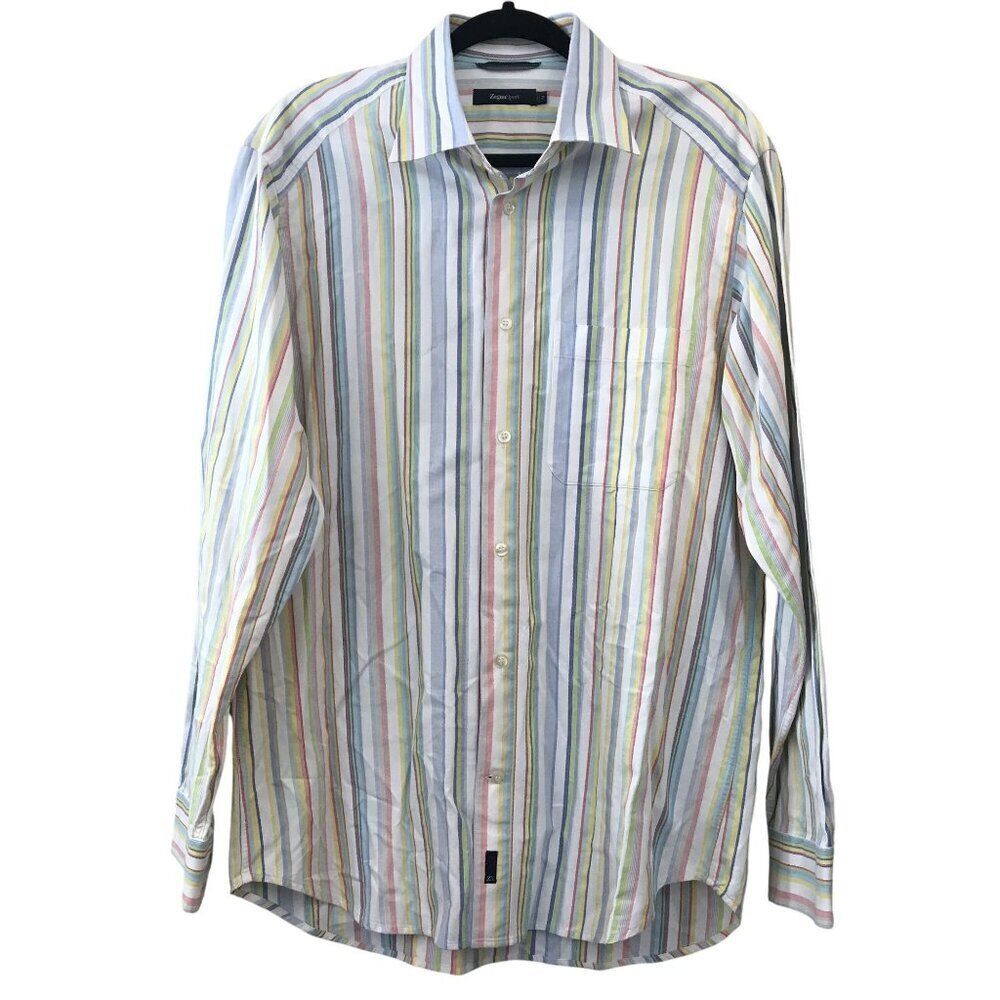 ZegnaSport Mens Multicolor Striped Long Sleeve Cotton Button-Up Shirt M